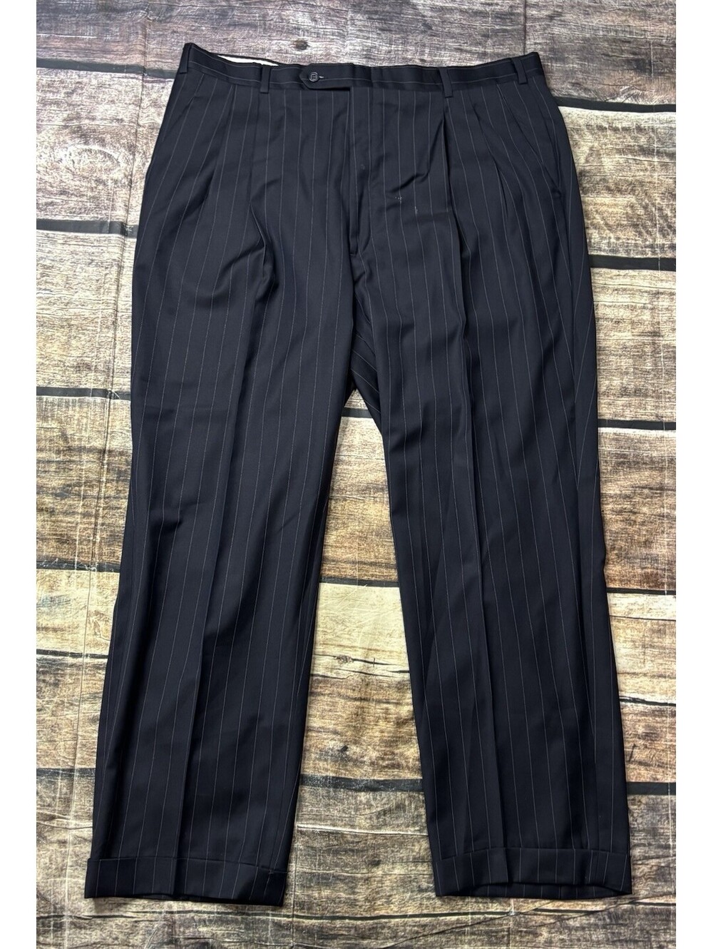 VTG Burberry Dress Pants Mens 40x29 Striped Navy Wool Pleated